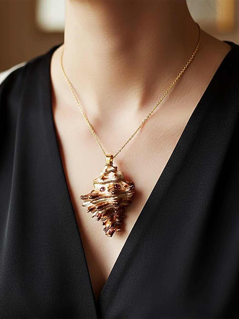pendentif Coquillage beige clair avec pointes orné de perles dorées et grenats avec une bélière dorée porté sur une courte chaine dorée par une femme dont on ne voit que le buste et qui porte une robe noire col V