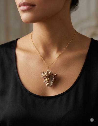 pendentif Coquillage beige clair avec pointes orné de perles dorées avec une bélière dorée portée sur une chaine courte dorée par une femme brune aux cheveux attachés dont on ne voit que le bas du visage et le buste et qui porte une robe noire au col arrondi