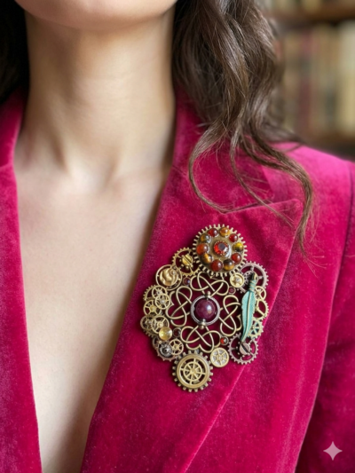 roche composée d’engrenages coeurs et plume verte en alliage, ornée de 5 Grenats, 10 Agates rouges et marron et 1 Calcédoine  montée sur un axe portée par une femme brune aux cheveux long dont on ne voit pas le visage sur le revers de sa veste rose fuchsia