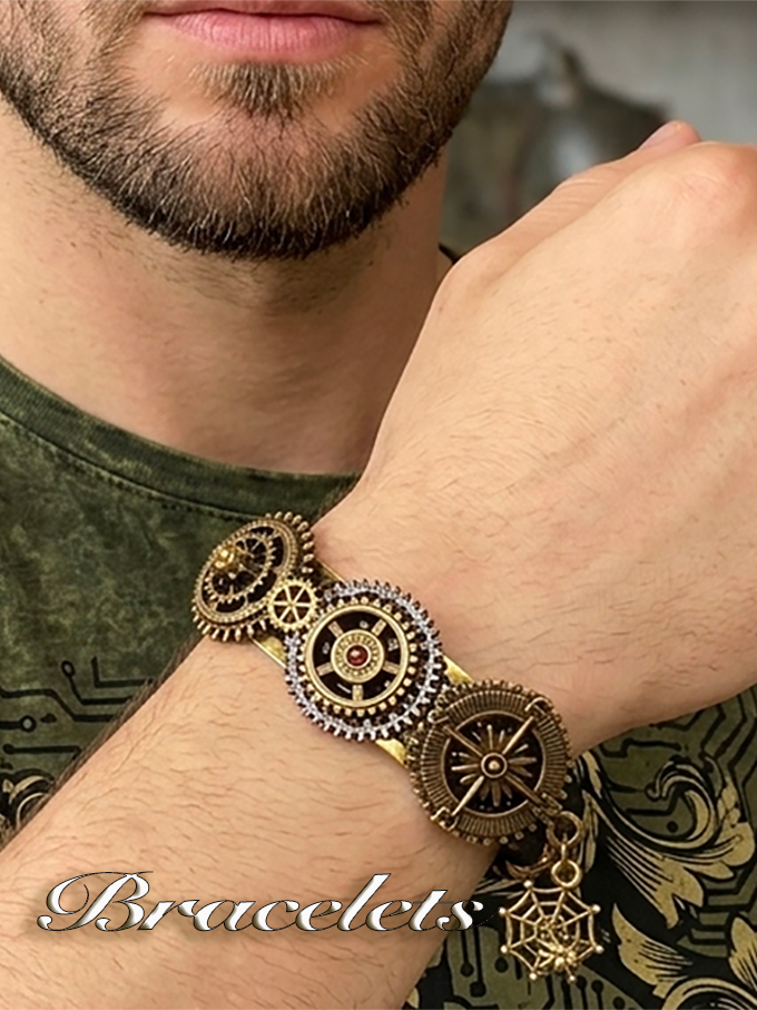 Bracelet en paracorde tressée avec des engrenages couleur bronze dessus et fil de laiton dessous porté par un homme brun barbu dont on ne voit que le poignet et le bas du visage, style steampunk