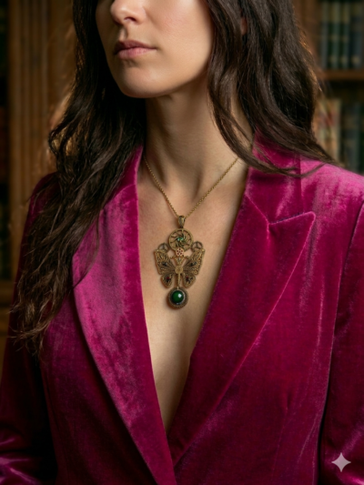 pendentif composé d'engrenages et d'un papillon en alliage orné d'un péridot vert et perle oeil de tigre vert montée sur axe et avec une bélière couleur bronze porté sur une chaine courte dorée par une femme brune aux cheveux longs dont one ne voit que le buste et le bas du visage, et qui porte une veste en velours rose fuchsia