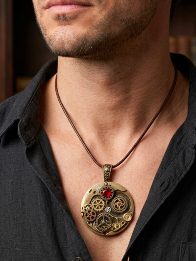 Pendentif en alliage cuivre et laiton, orné d’engrenages et de 4 grenats avec bélière gravée bronze porté sur un cordon de cuir foncé court par un homme brun portant une chemise noire ouverte dont on ne voit que le buste et le bas du visage