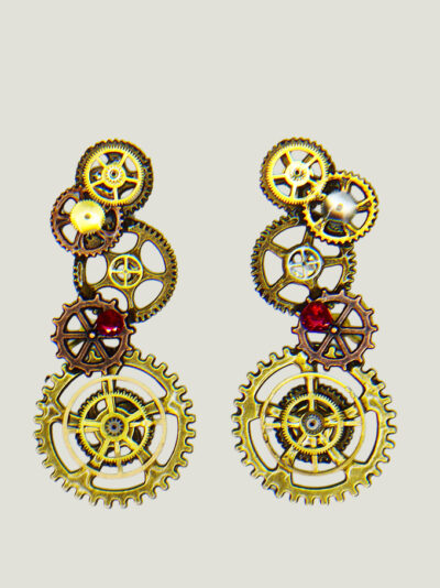 Boucles d'Oreilles composées de 5 engrenages collés verticalement avec un grenat sur chaque boucle