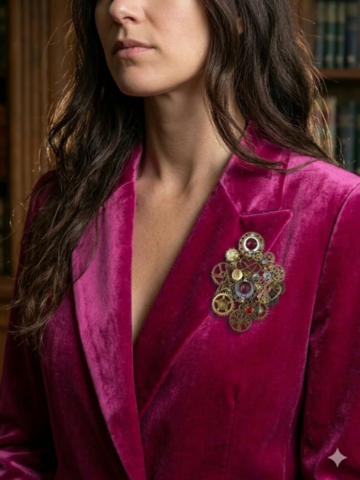 Broche engrenages coeur et étoile en alliage avec des grenats et deux perles calcédoine rose foncé montées sur un axe portée par une femme brune au cheveu long dont on ne voit que le bas du visage sur le revers de sa veste en velours rose fuchsia