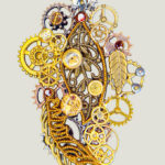 Broche Steampunk PLUME avec Grenats et Œil de Tigre