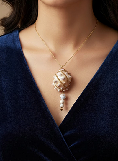 pendentif Coquillage beige clair ovale orné de perles dorées et de 3 perles de jaspe claires dessous avec une bélière dorée portée sur une chaine courte dorée par une femme brune aux cheveux longs dont on ne voit que le buste et qui porte une robe en velours bleu foncé col V