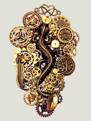 Broche avec engrenages et pièces en alliage, 5 grenats naturels et petites perles dorées