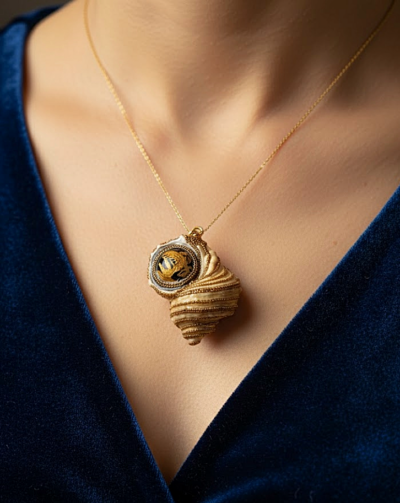 endentif Coquillage beige clair orné de perles dorées, de grenats et d'une grosse agate noire et dorée avec une bélière dorée portée sur une chaine fine et courte dorée par une femme dont on ne voit que le buste et qui porte une robe en velours bleu foncé décolletée en V