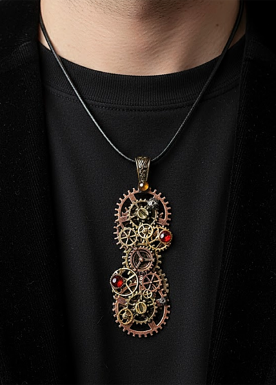 Pendentif composé d’engrenages alliage, orné de Grenats avec une bélière gravée de couleur bronze porté avec un cordon mi-long en cuir foncé par un homme dont on ne voit que le buste et qui porte un tee shirt noir