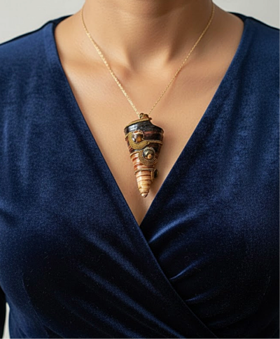 pendentif Coquillage long et pointu marron foncé orné de perles dorées et de 5 Grenats avec une bélière gravée couleur argent porté sur une chaine dorée par une femme dont on ne voit que le buste et qui porte robe en velours bleu foncé décolleté en V