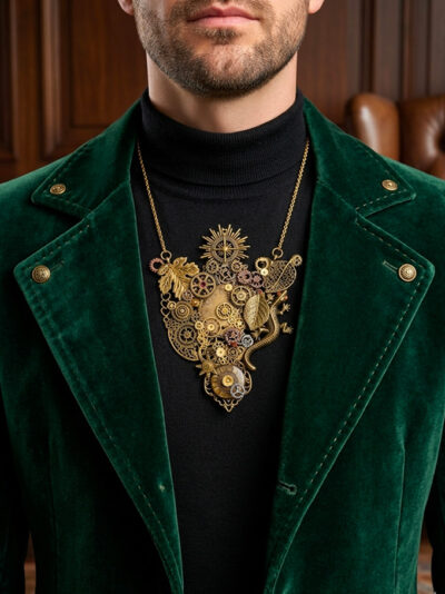 recto pendentif steampunk engrenages alliage salamandre couleur bronze ornés de 10 grenats attaché à 2 chaines doré porté par un homme brun dont on ne voit que le bas du visage avec une petite barbe et qui porte une veste en velours vert foncé et une chemise noire