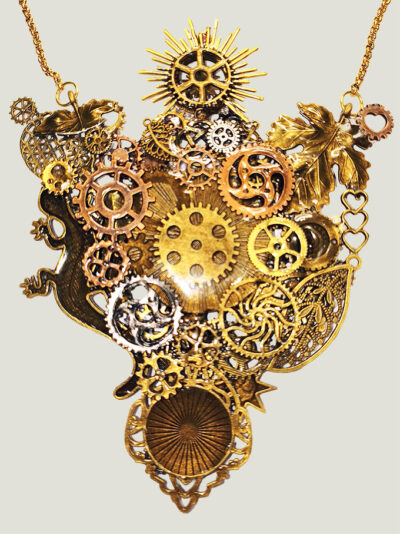 verso pendentif steampunk engrenages alliage salamandre couleur bronze o attaché à 2 chaines doré