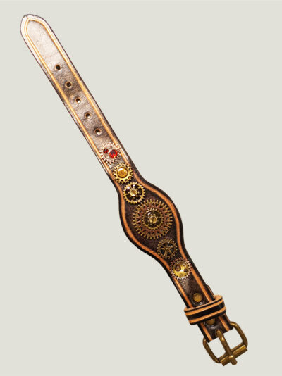 Bracelet cuir vieilli avec engrenages laiton vieilli et grenats