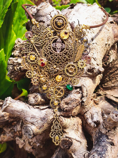 Collier Steampunk GAIA grenats et œil de tigre