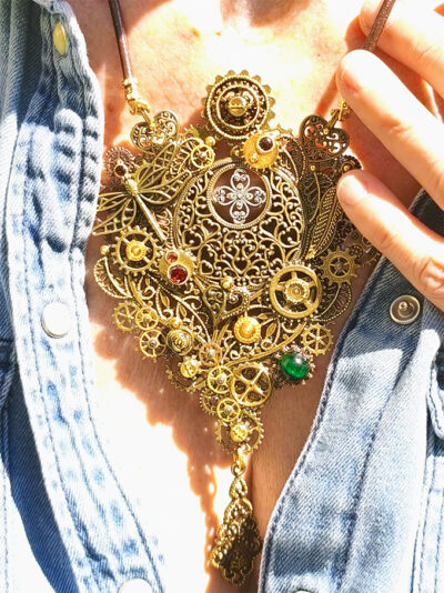 Collier Steampunk GAIA grenats et œil de tigre