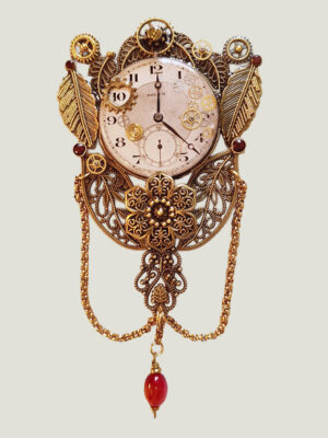 Broche Steampunk VICTORIA Oeil de tigre et grenats