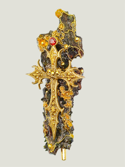 Broche Féerie EXCALIBUR écorce, perles et grenat