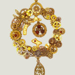 Collier Steampunk HELIADENN laiton, grenat, calcédoine