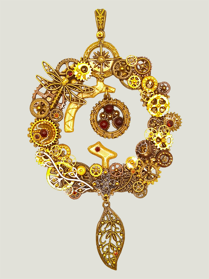 Collier Steampunk HELIADENN laiton, grenat, calcédoine