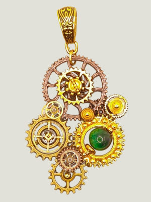 RODAJ-recto Collier Steampunk RODAJ engrenages et calcédoine