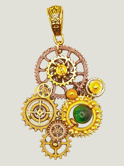RODAJ-recto Collier Steampunk RODAJ engrenages et calcédoine