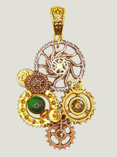 Collier Steampunk RODAJ engrenages et calcédoine